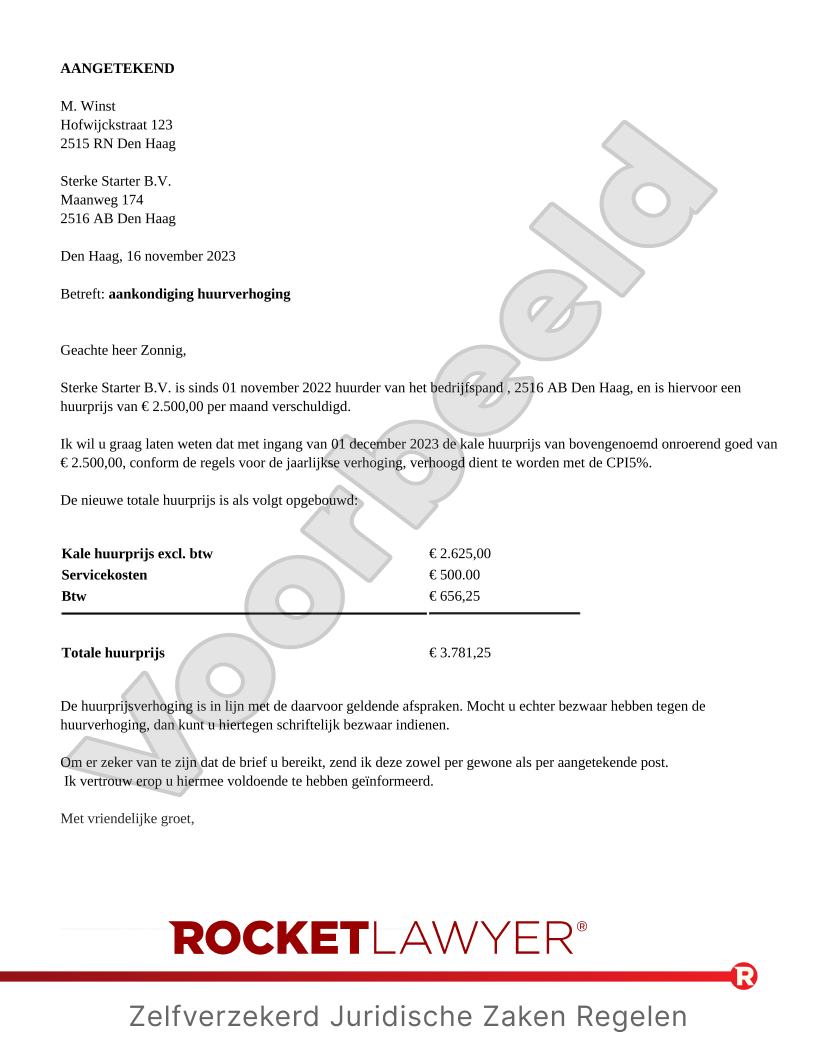 Bief Huurverhoging Bedrijfsruimte voorbeeld document