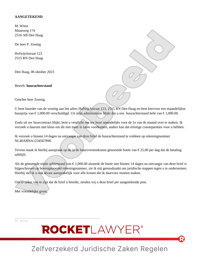 Brief Huurachterstand voorbeeld document