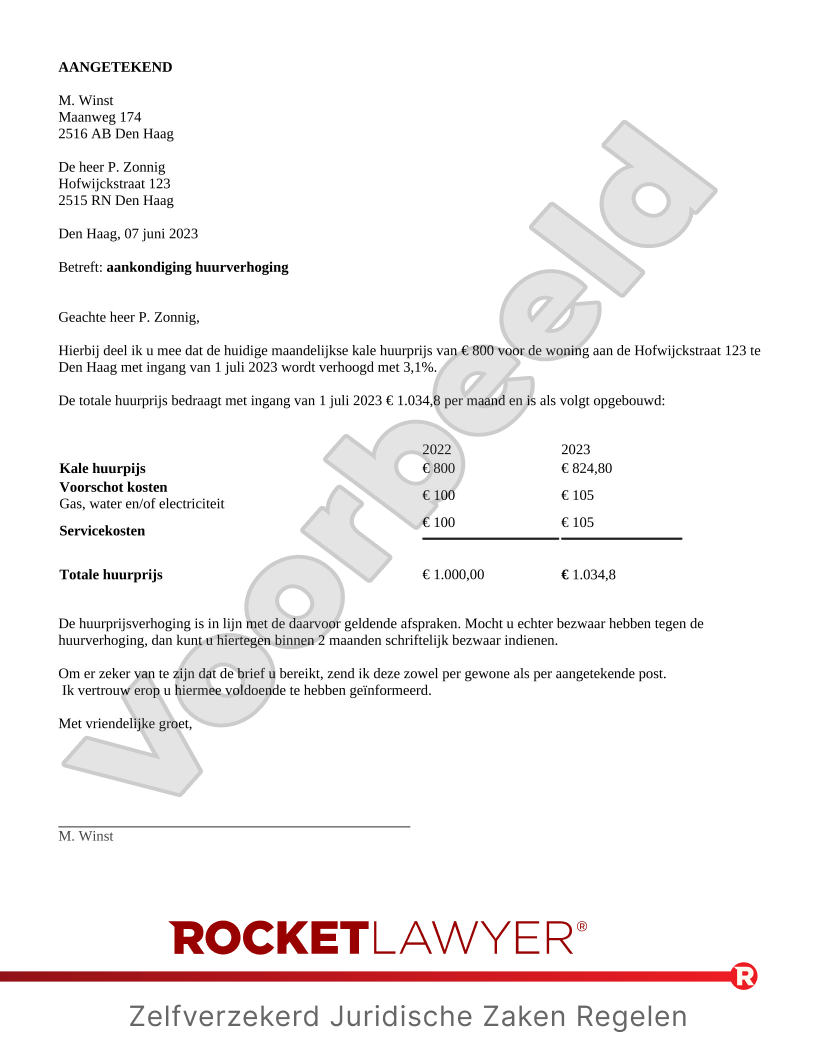 Brief Huurverhoging Woonruimte voorbeeld document