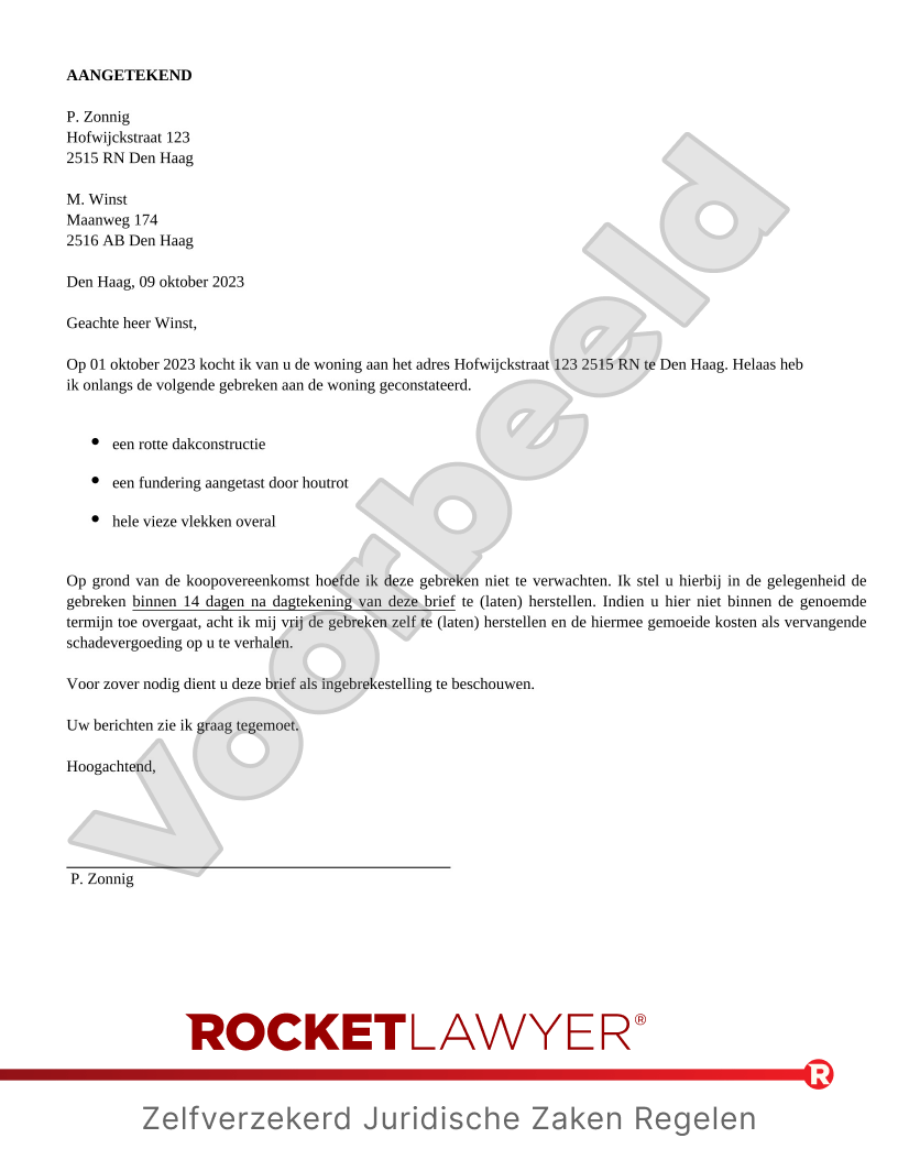 Brief Verborgen Gebreken Koopwoning voorbeeld document