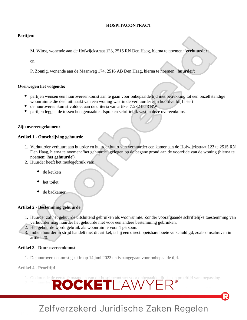 Hospitacontract (Hospitaverhuur) voorbeeld document