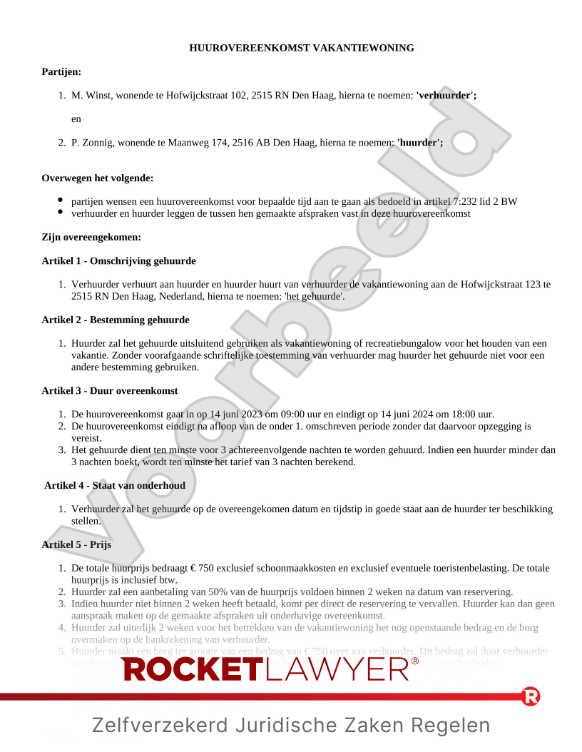 Huurcontract Vakantiewoning voorbeeld document