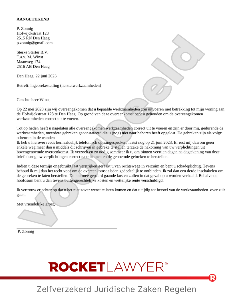 Ingebrekestelling Aannemer voorbeeld document