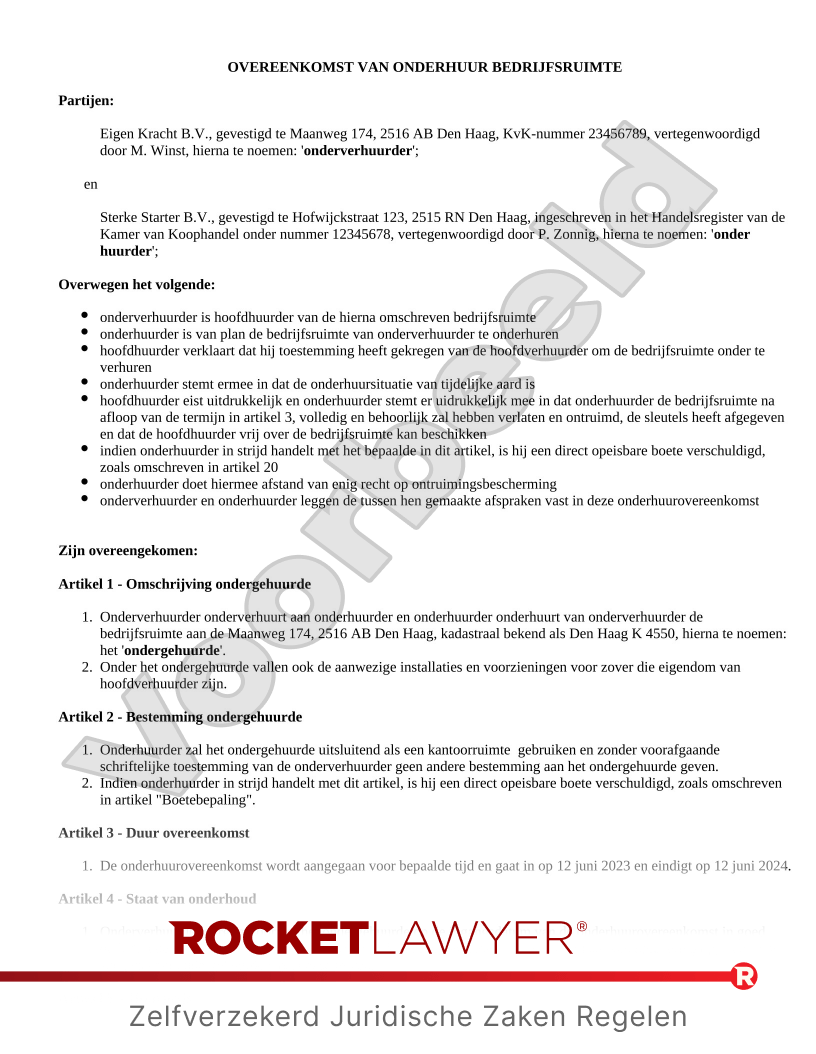 Contract Onderhuur Bedrijfsruimte voorbeeld document