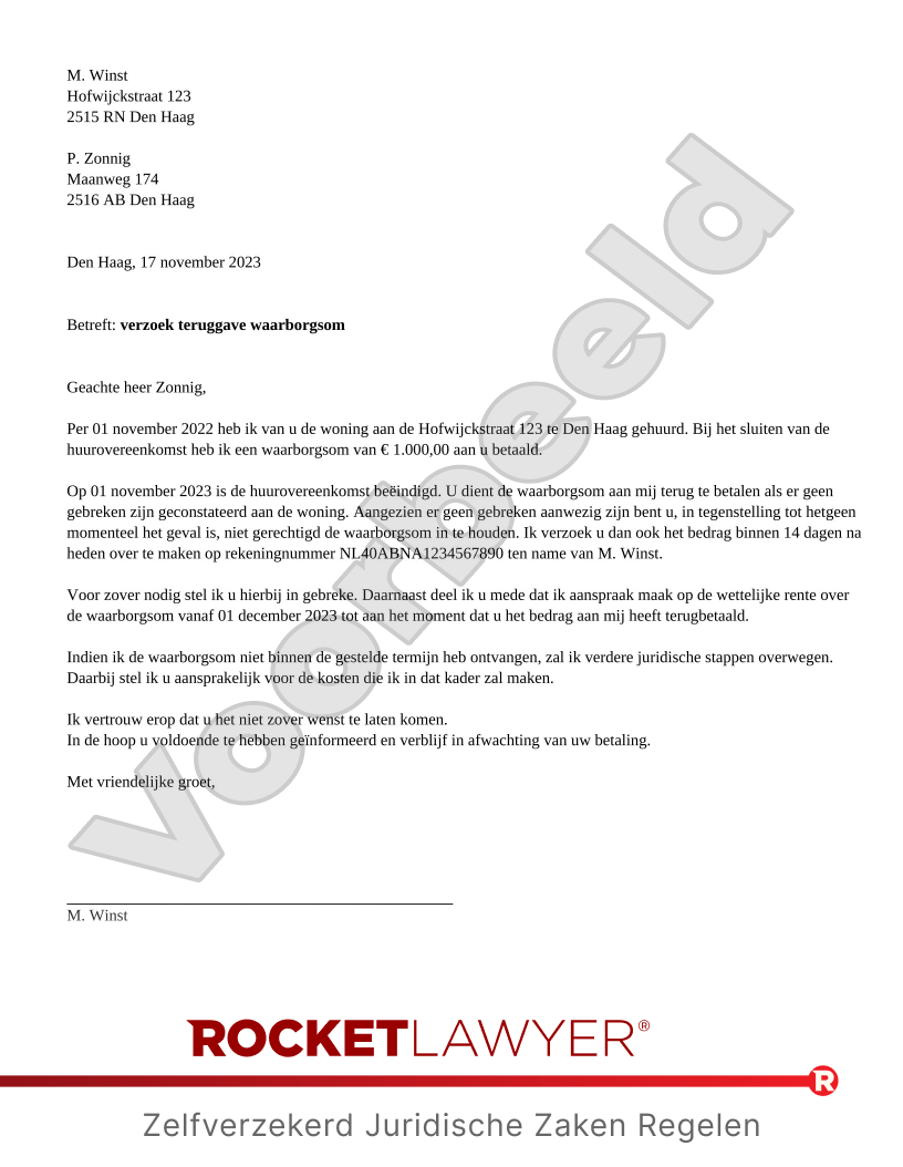 Verzoek Teruggave Waarborgsom voorbeeld document