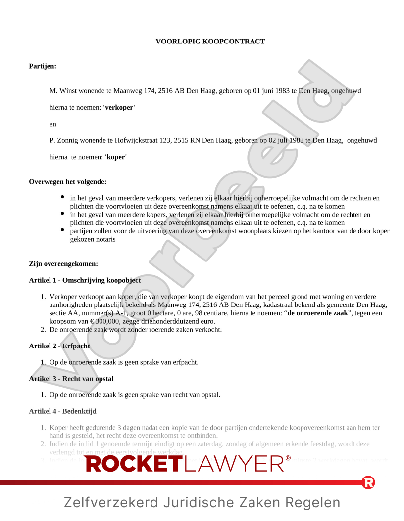 Voorlopig Koopcontract voorbeeld document
