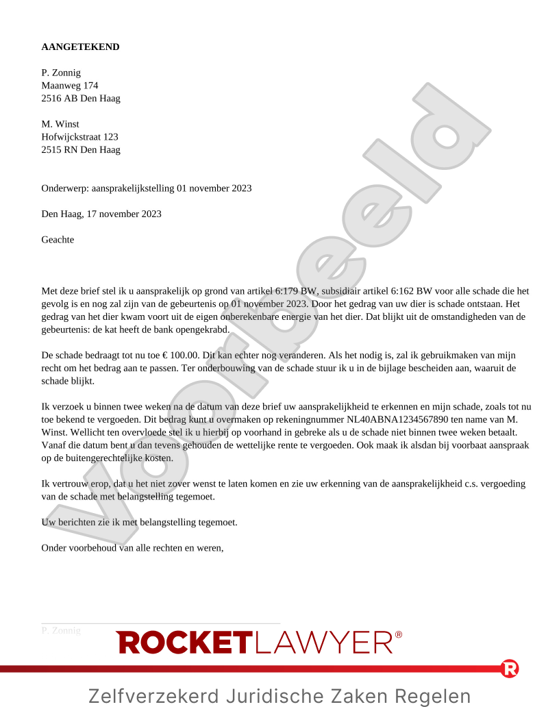 Aansprakelijkstelling Schade door Dier voorbeeld document