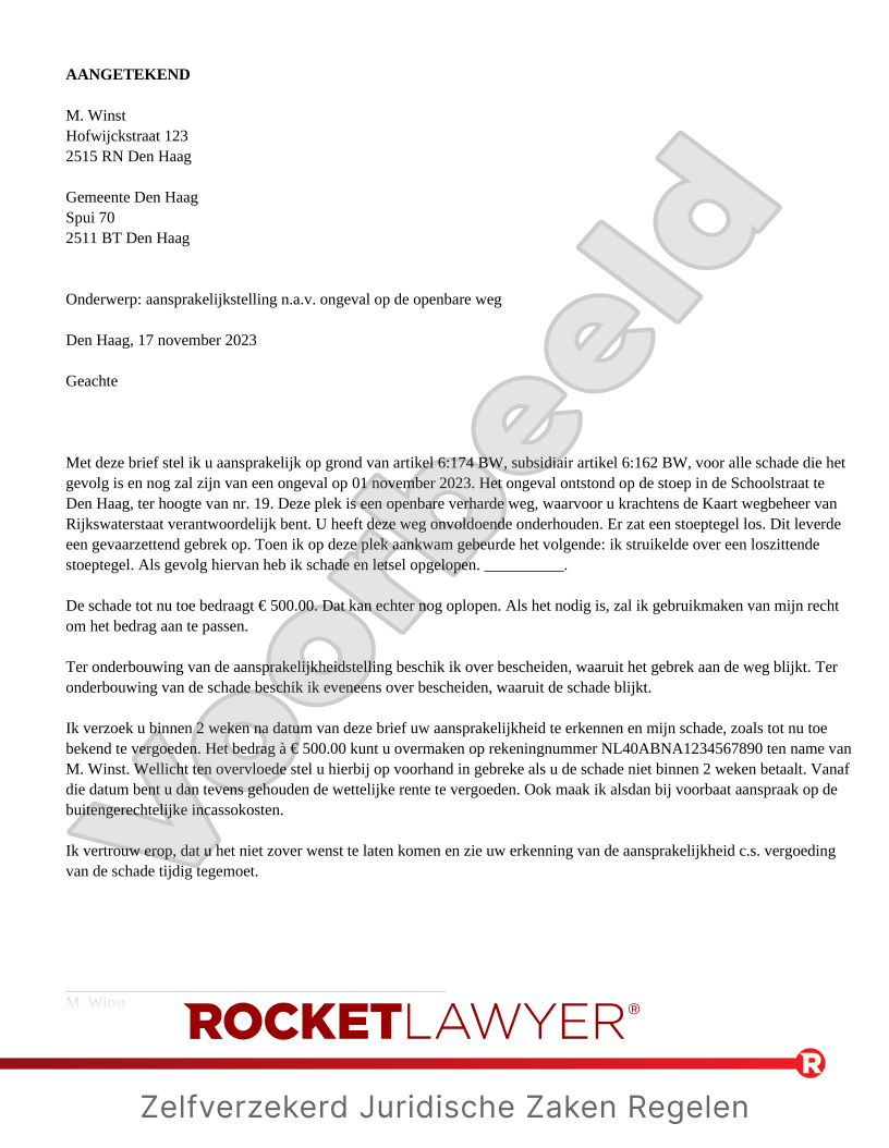Aansprakelijkstelling Wegbeheerder voorbeeld document
