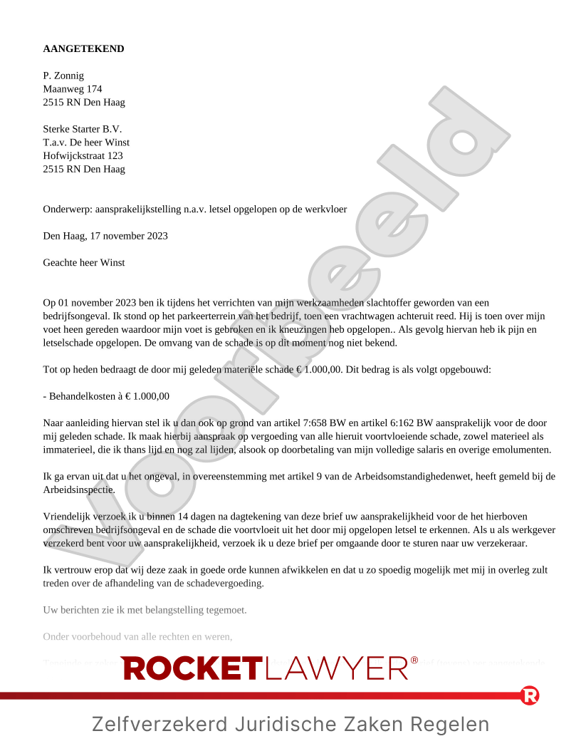 Aansprakelijkstelling Werkgever voorbeeld document