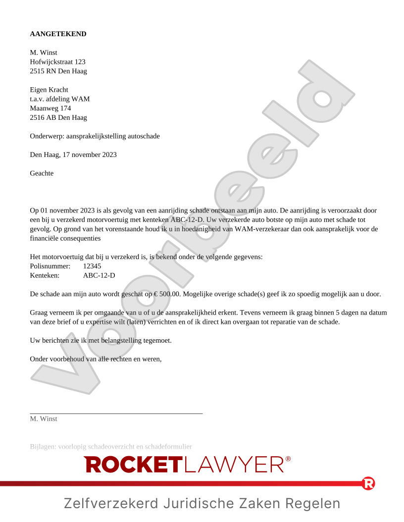 Aansprakelijkstelling voor Autoschade voorbeeld document