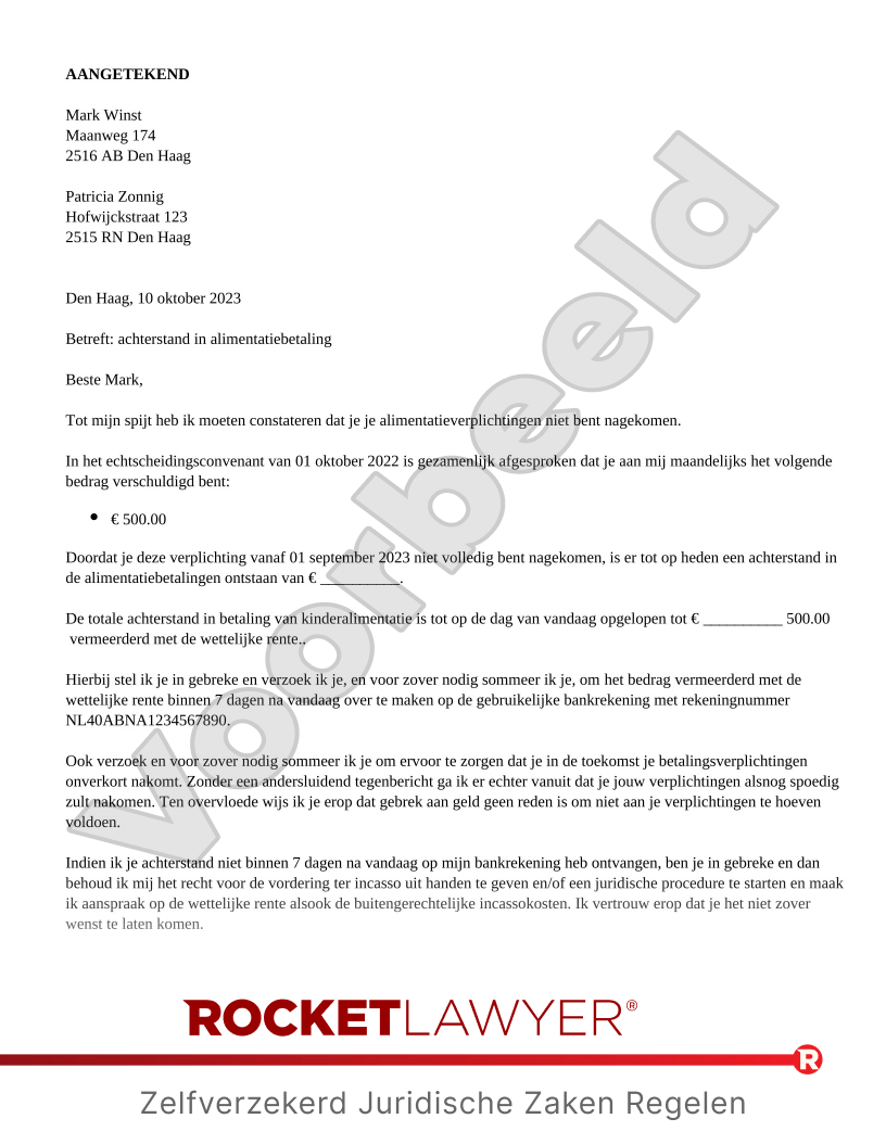 Brief Achterstand Alimentatie voorbeeld document