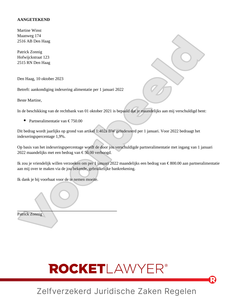 Brief Indexering Alimentatie voorbeeld document