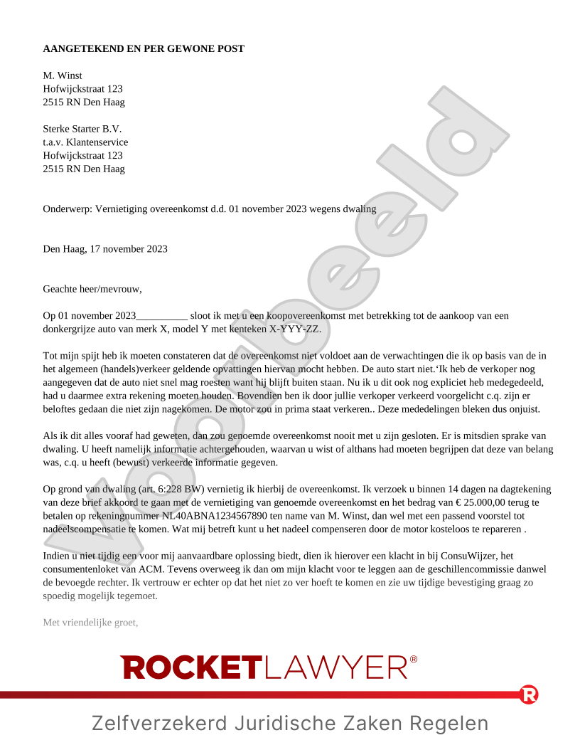 Brief Klacht Dwaling voorbeeld document