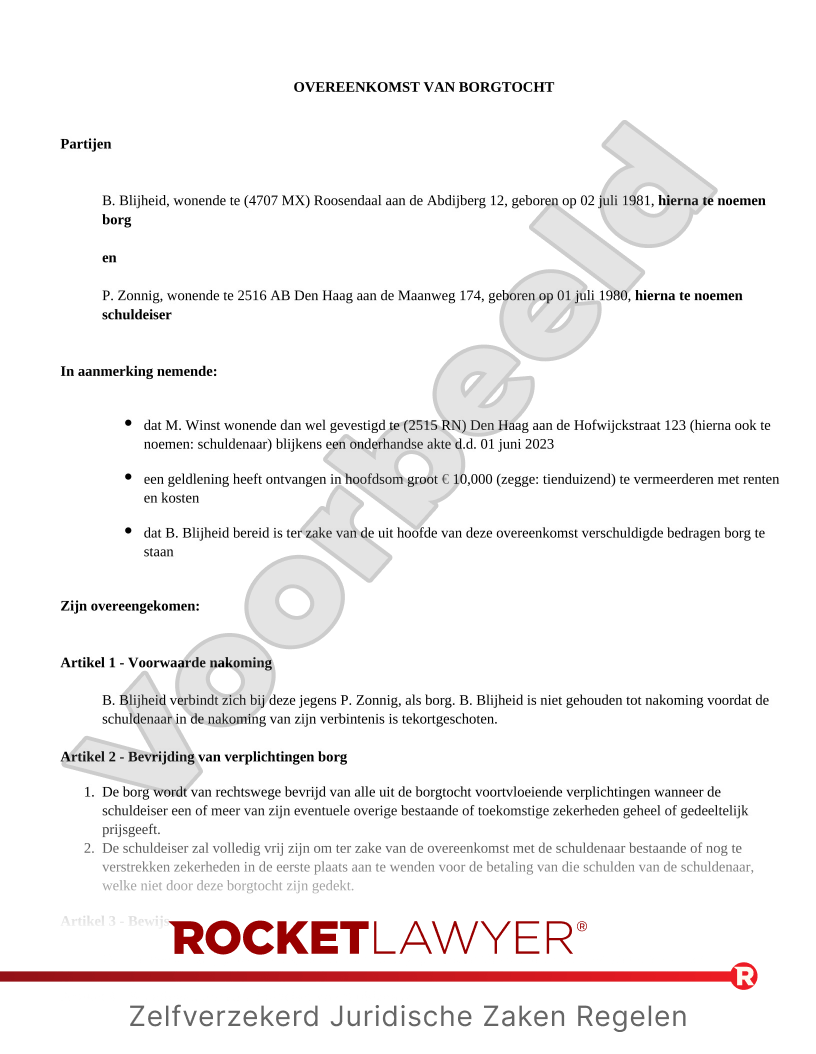 Garantstelling (Borgtocht) voorbeeld document