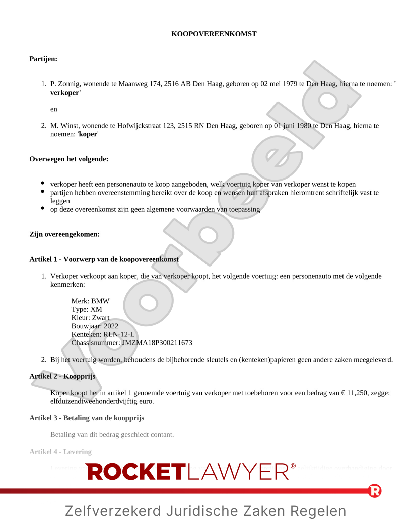 Koopovereenkomst Auto (of Ander Voertuig) voorbeeld document