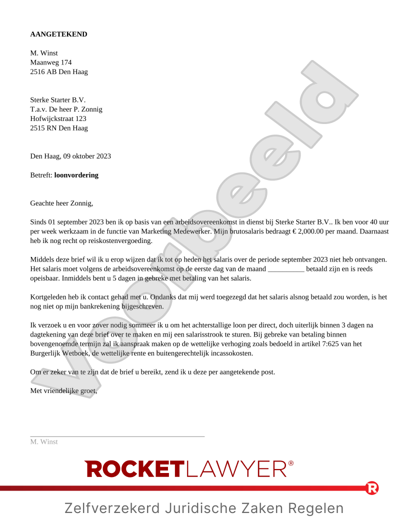 Loonvordering voorbeeld document