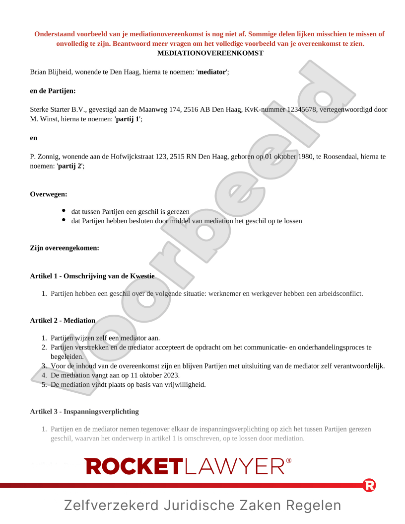 Mediationovereenkomst voorbeeld document