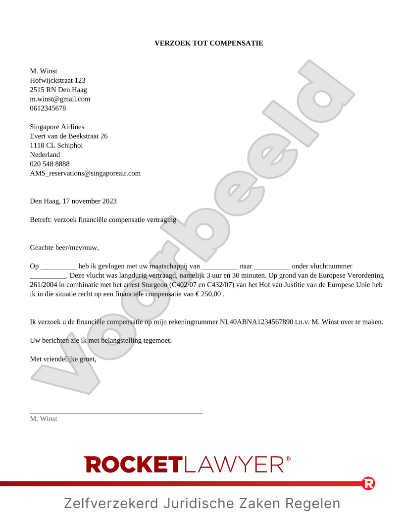 Verzoek Vergoeding Vertraging Vlucht voorbeeld document