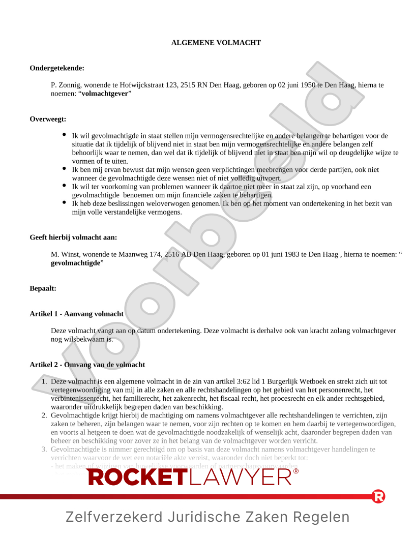 Volmacht (Machtiging) voorbeeld document