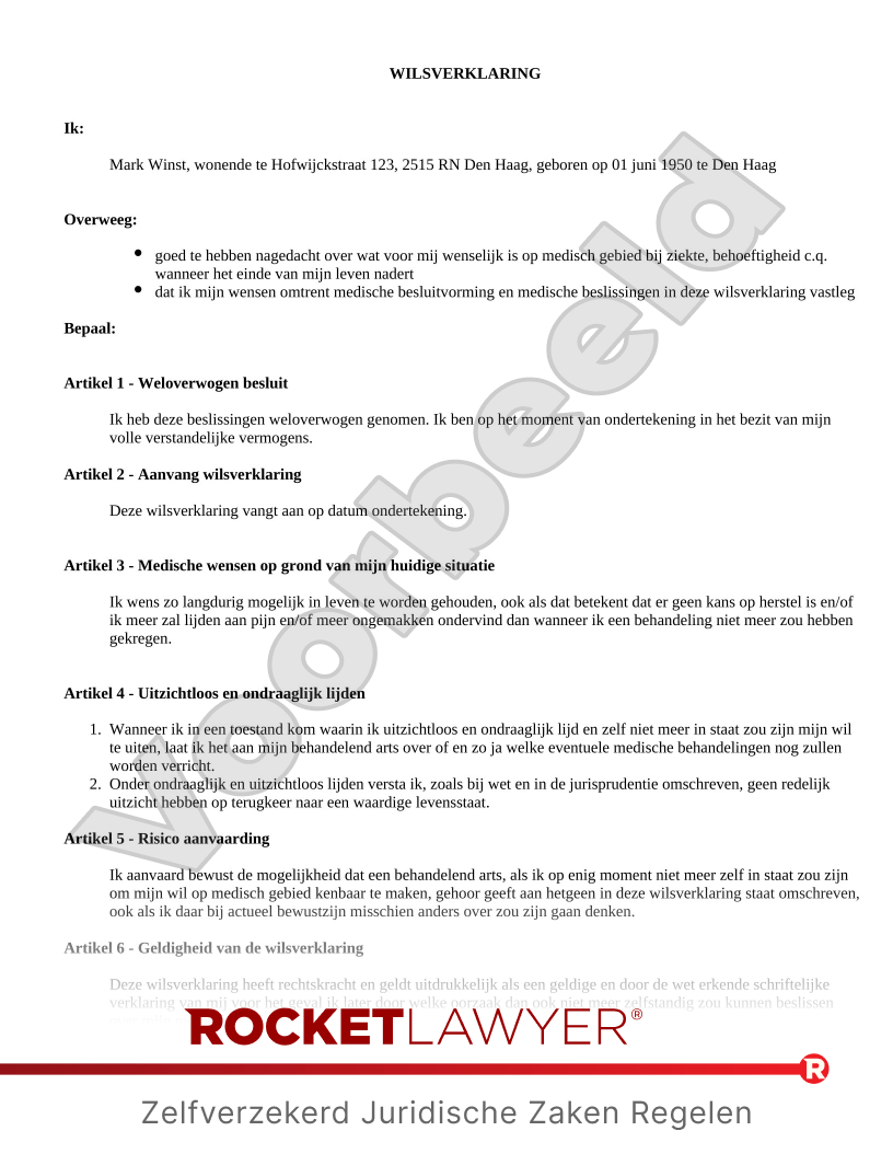 Wilsverklaring voorbeeld document