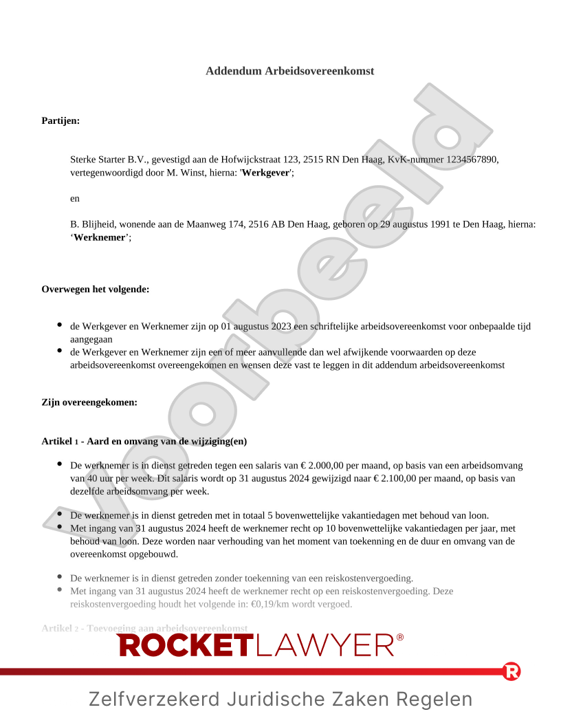 Addendum Arbeidsovereenkomst voorbeeld document