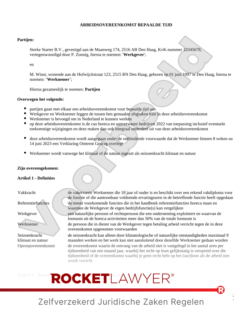 Arbeidsovereenkomst Horeca voorbeeld document