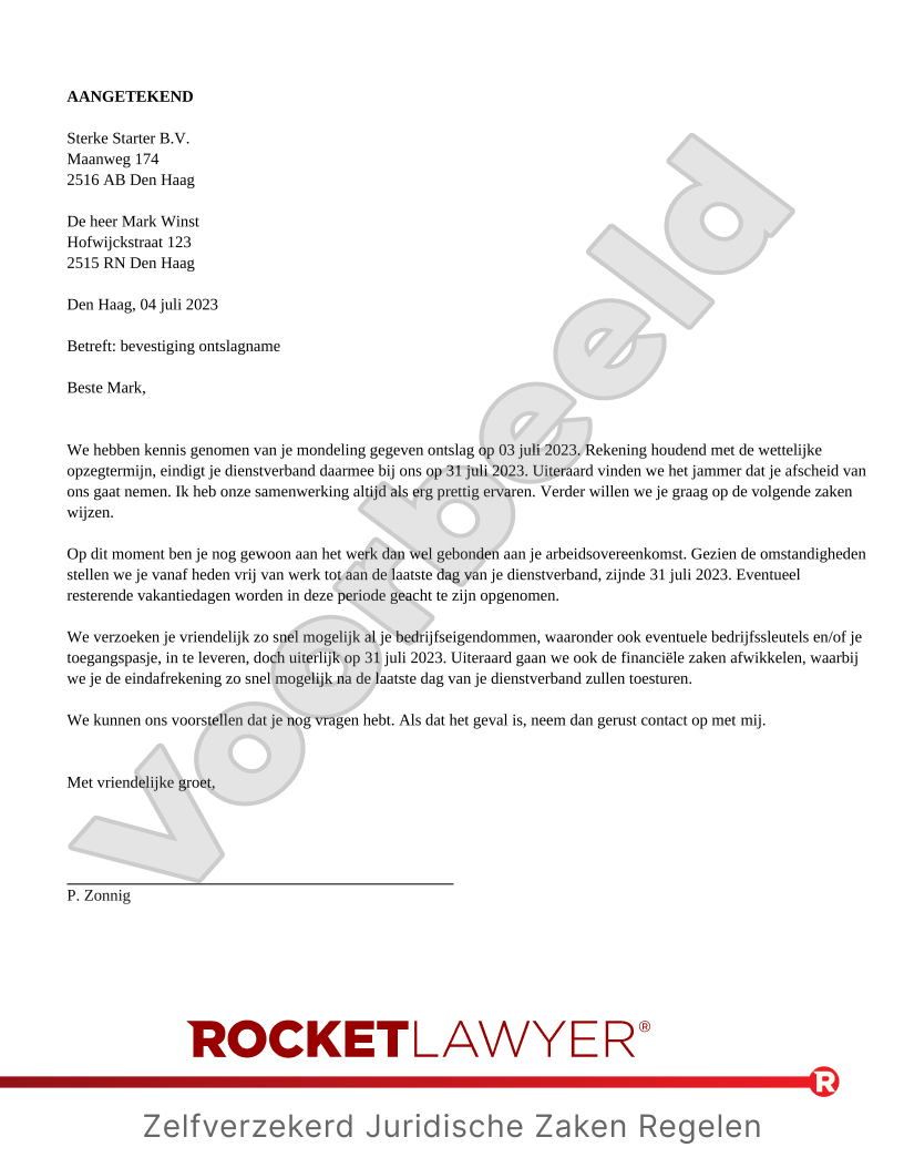 Brief Bevestiging Ontslagname voorbeeld document
