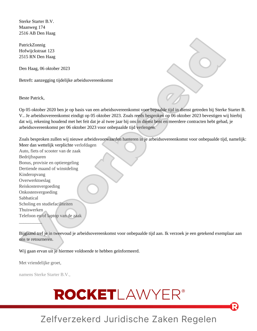 Brief Omzetting Tijdelijk naar Vast Contract voorbeeld document