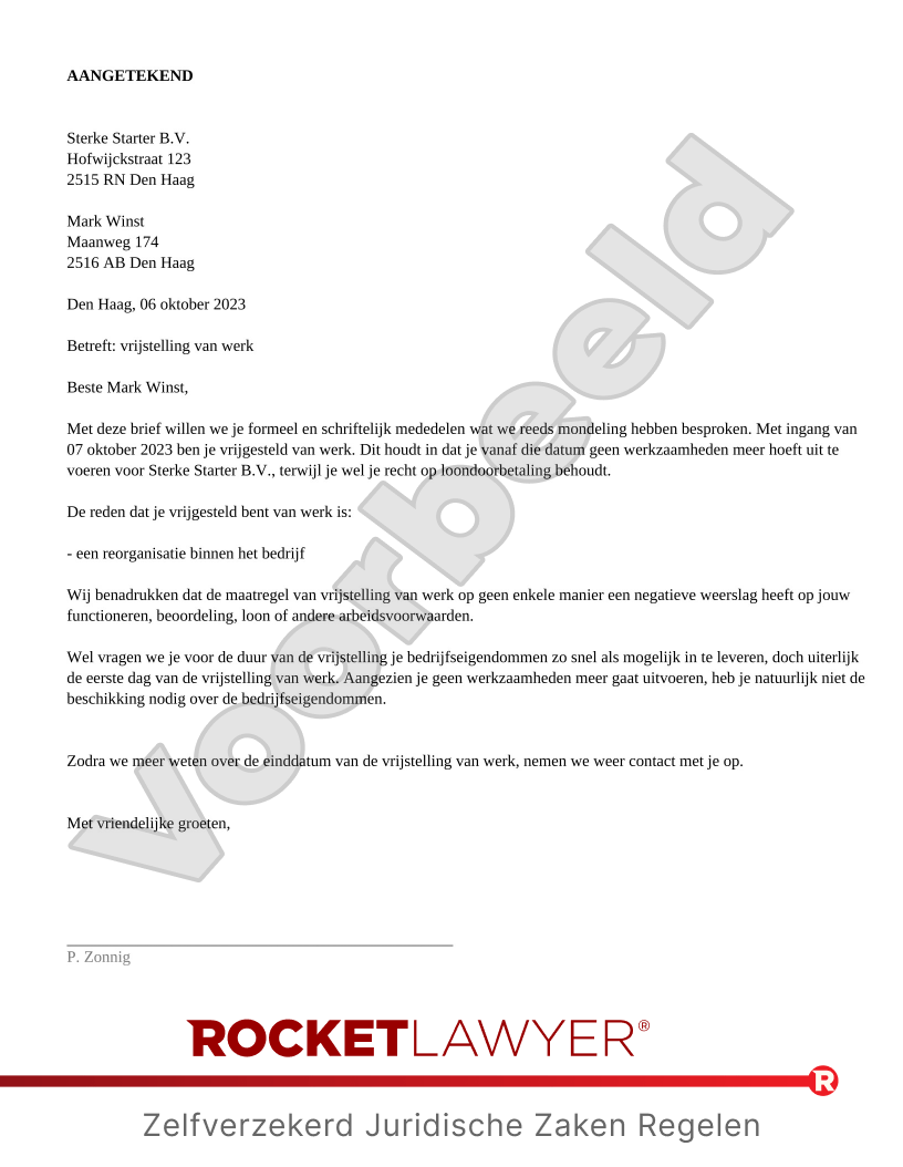 Brief Vrijstelling van Werk voorbeeld document