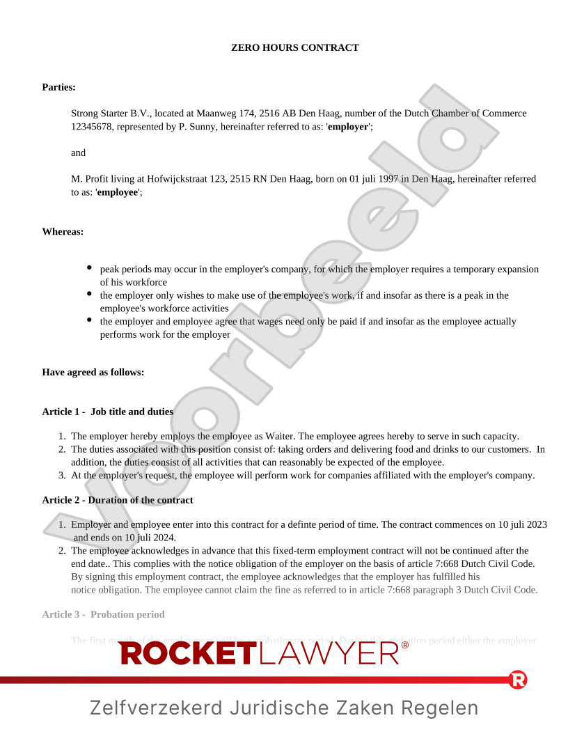 Zero Hours Contract voorbeeld document
