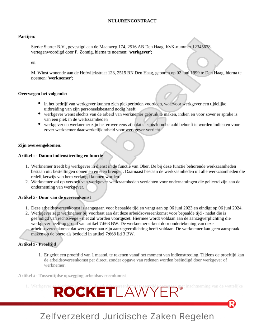 Oproepovereenkomst voorbeeld document