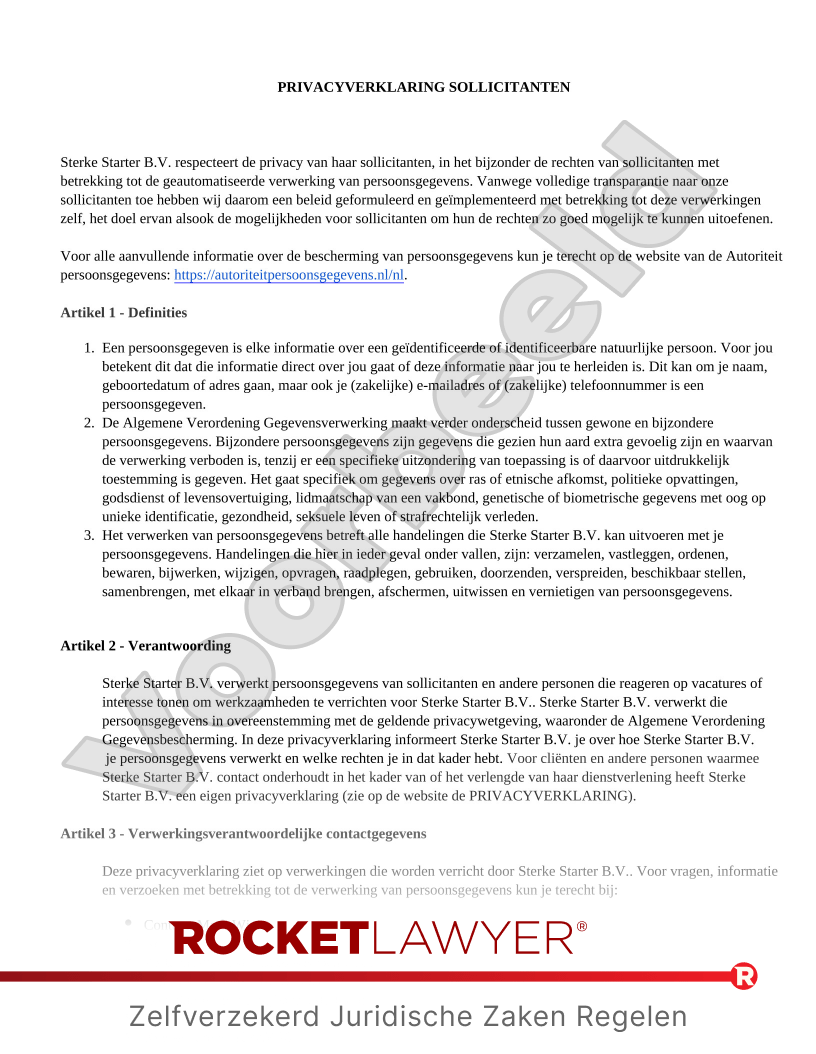Privacyverklaring Sollicitanten voorbeeld document