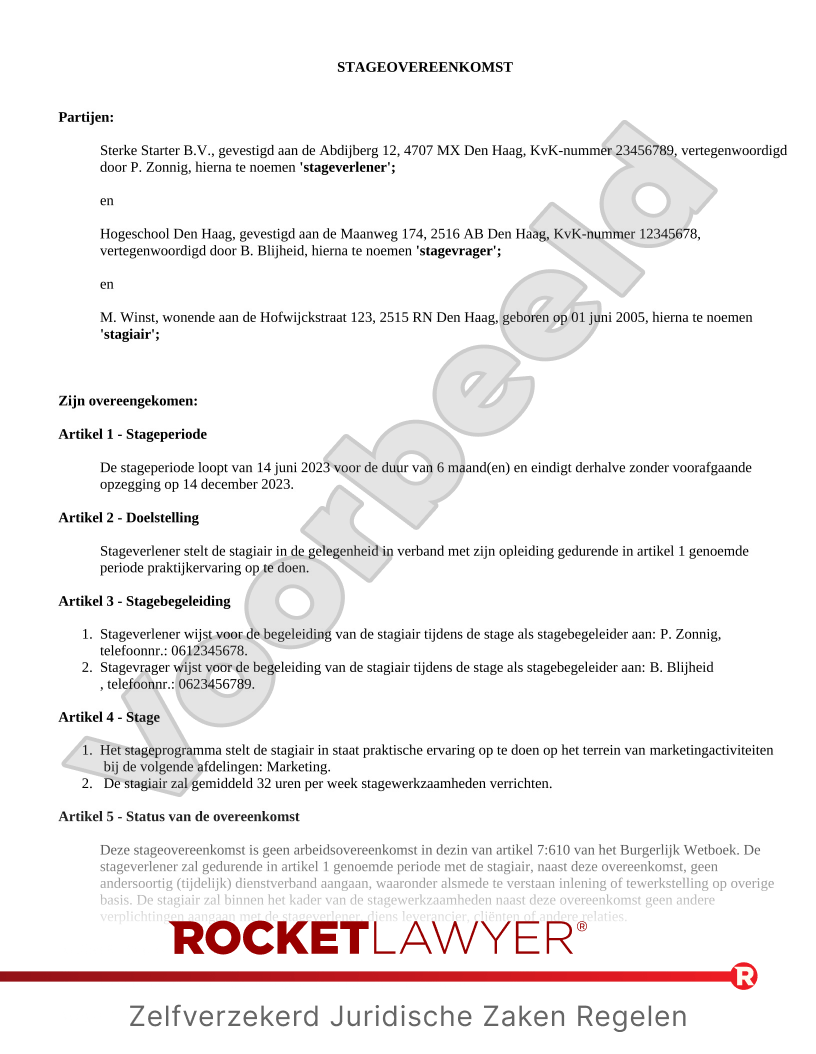 Stageovereenkomst voorbeeld document