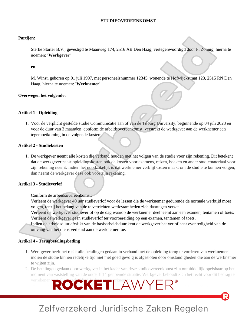 Studieovereenkomst voorbeeld document