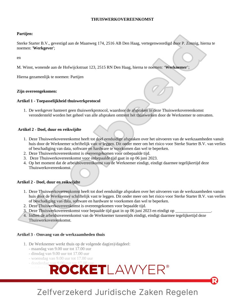 Thuiswerkovereenkomst voorbeeld document
