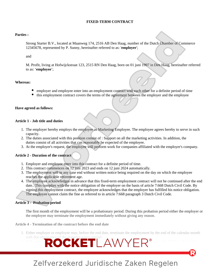 Fixed-term Contract voorbeeld document