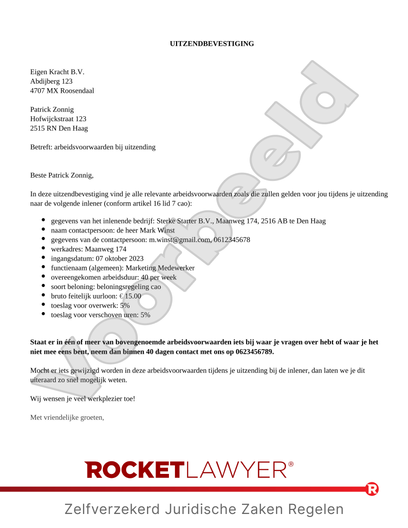 Uitzendbevestiging voorbeeld document