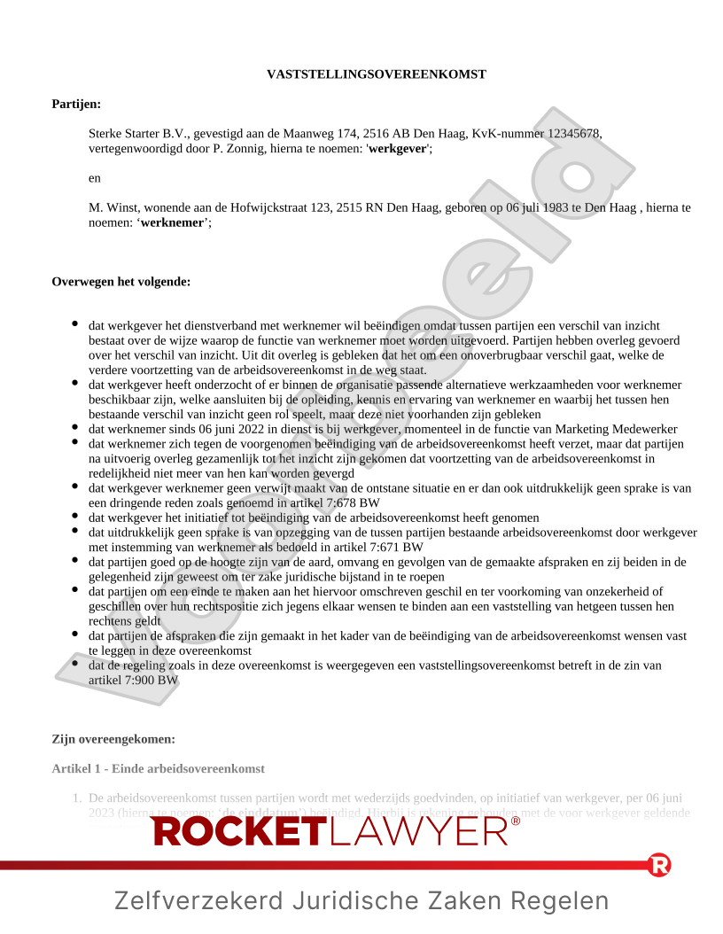 Vaststellingsovereenkomst voorbeeld document