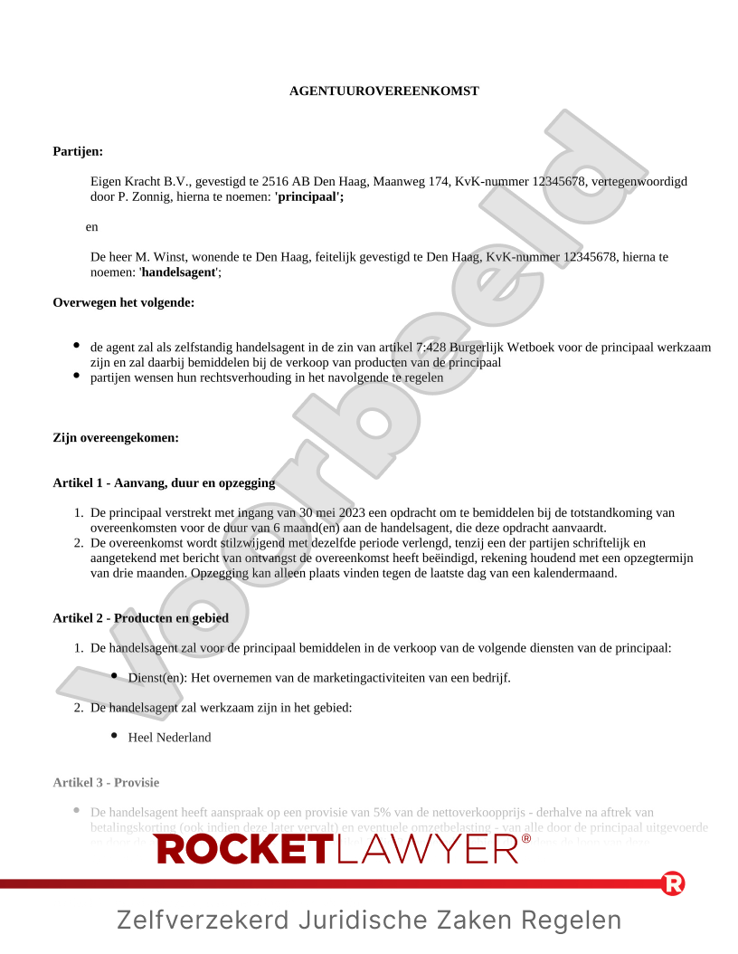 Agentuurovereenkomst voorbeeld document