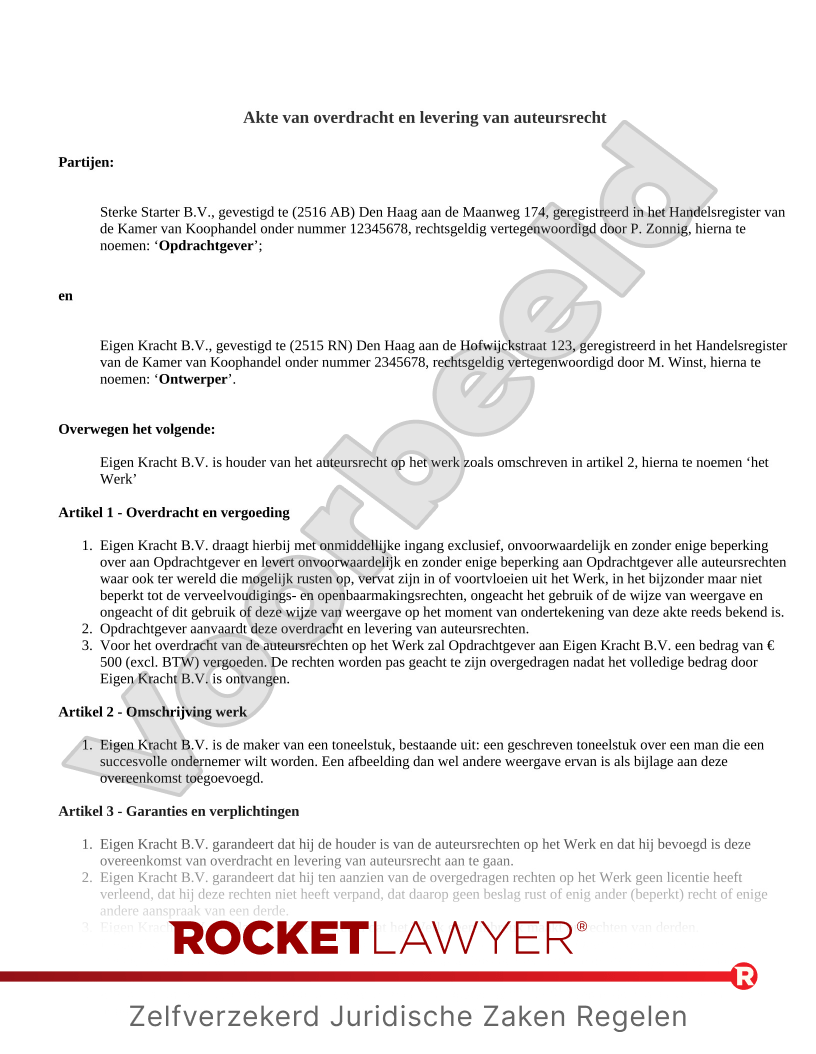Akte van Overdracht en Levering Auteursrecht voorbeeld document