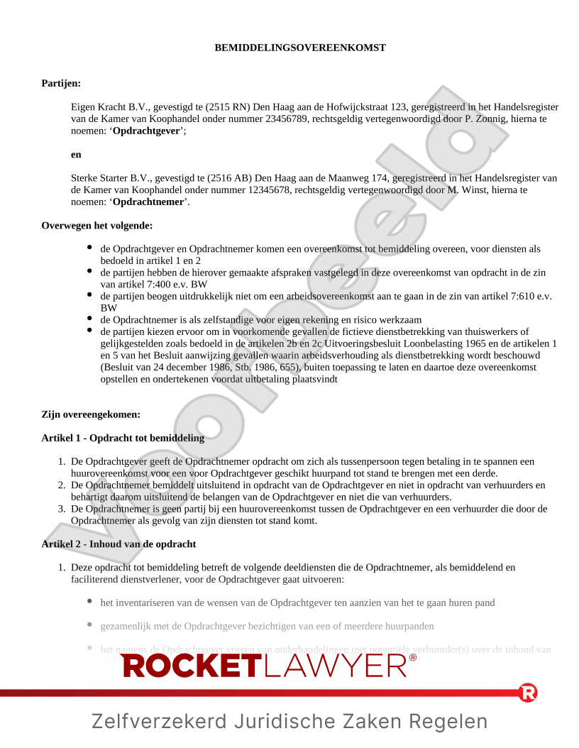 Bemiddelingsovereenkomst voorbeeld document