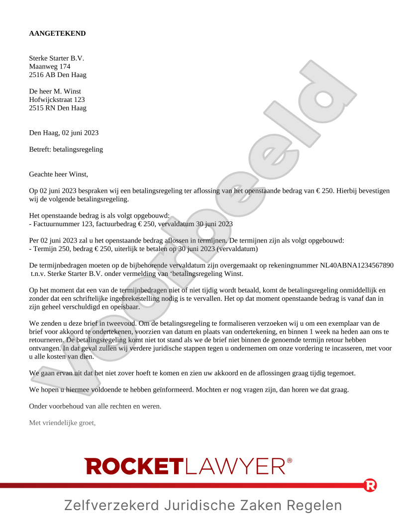 Betalingsregeling voorbeeld document