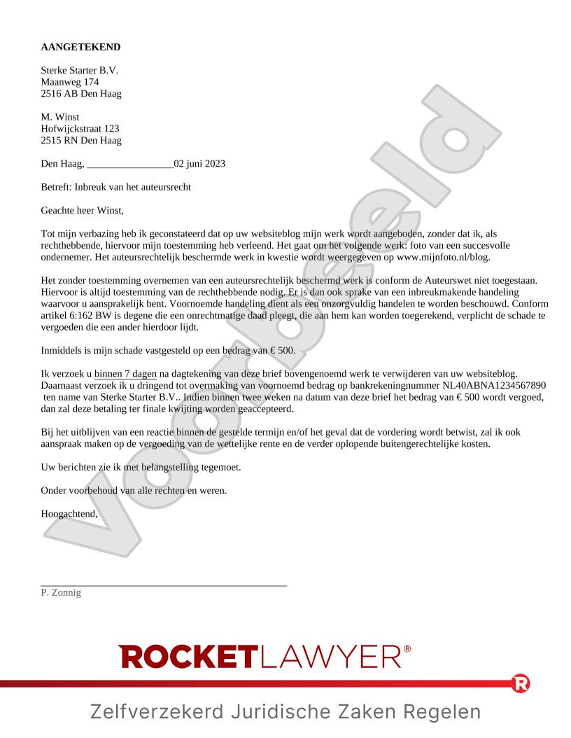 Brief Inbreuk Auteursrecht voorbeeld document
