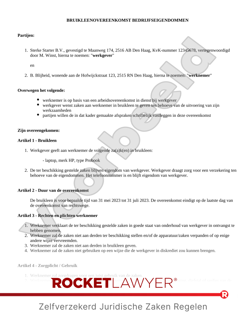 Bruikleenovereenkomst Bedrijfseigendom voorbeeld document