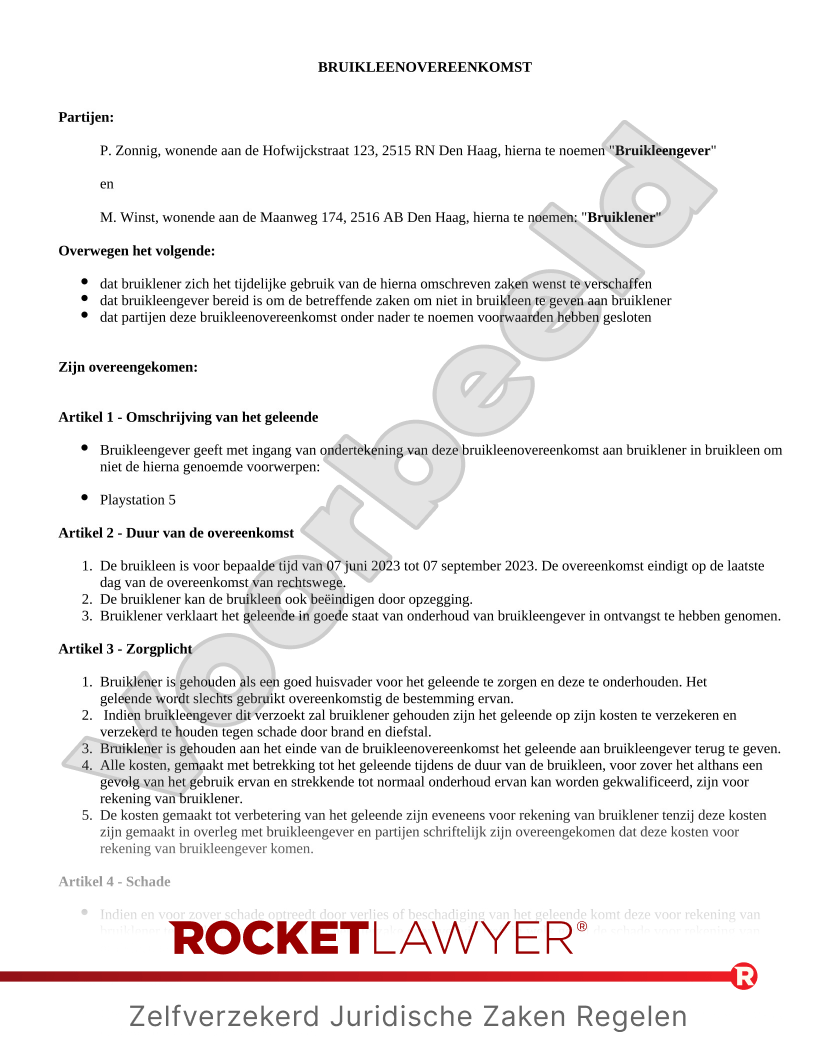 Bruikleenovereenkomst voorbeeld document