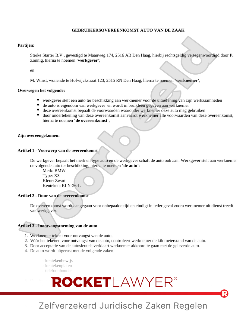Gebruikersovereenkomst Auto van de Zaak voorbeeld document