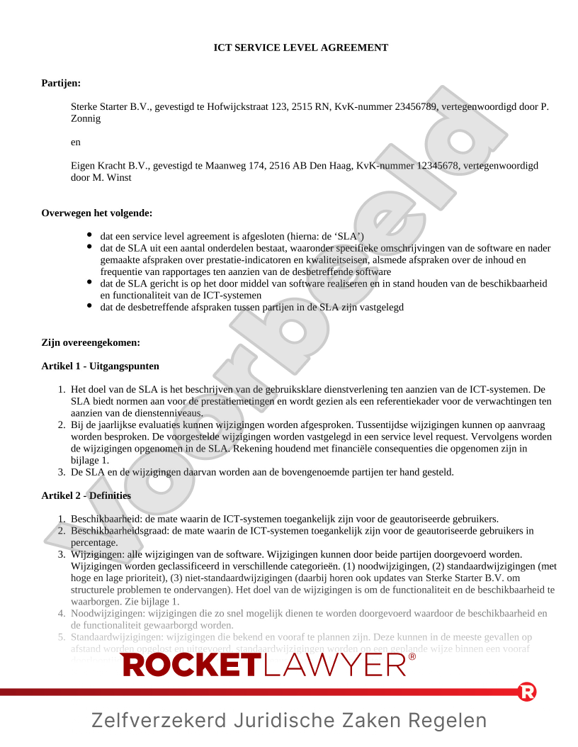 Service Level Agreement (SLA) voorbeeld document