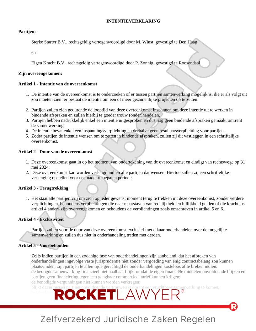 Intentieverklaring (Letter of Intent) voorbeeld document
