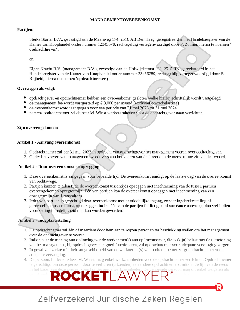 Managementovereenkomst voorbeeld document