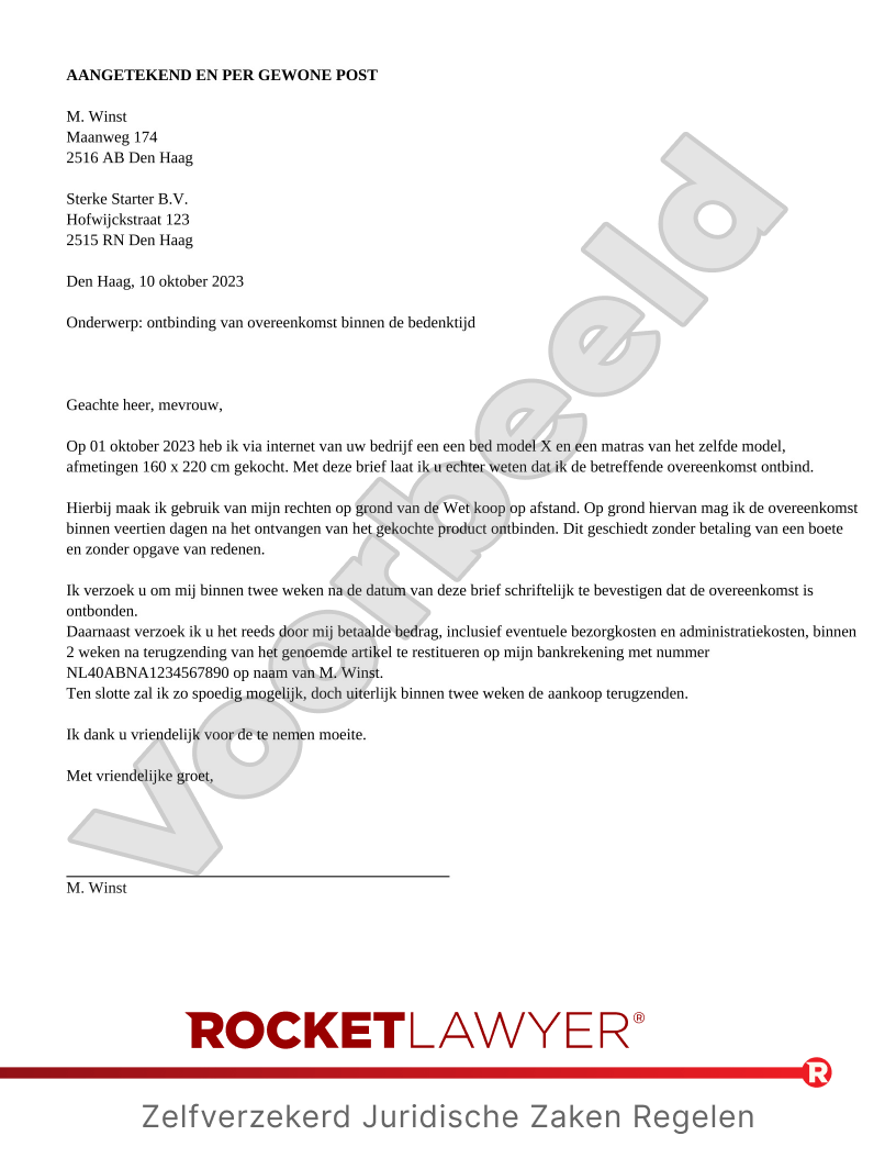 Brief Ontbinding Koop tijdens Bedenktijd (Herroeping) voorbeeld document
